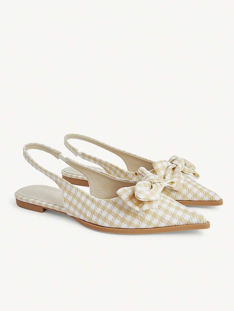 CUCCOO CHICEST Women Shoes New French Light Apricot Plaid Bow Slingback Shoes Women's Pointed Flat Commuter Shoes