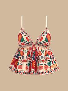 SHEIN PETITE CURVE ملابس علوية كامي نسائية مقاس كبير بتصميم بوهيمي مطبوع باللون البيج مع حزام صدر، توب صيفي أنيق بياقة V للنساء القصيرات للعطلات والإجازات - متعدد الألوان - مشاهدة 3