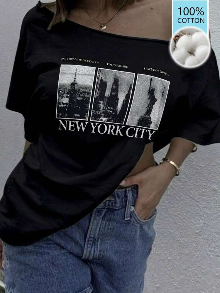 Loose Casual Beach Vacation Graphic Print White T-Shirt For Women, Spring & Summer