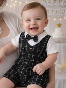Souflis Souflis 2件套幼儿男童蓝色格子拼接白色领带连体衣背心短裤套装，绅士风格，时尚简约设计，清新配色，6个月-3岁 - 黑色 - 查看 3