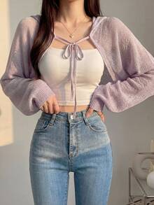DAZY Cárdigan casual de mujer de unicolor con nudo delantero - Púrpura malva - Ver 5
