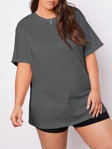 SHEIN BASICS 大码圆领短袖落肩纯色T恤 - 深灰色 - 查看 2