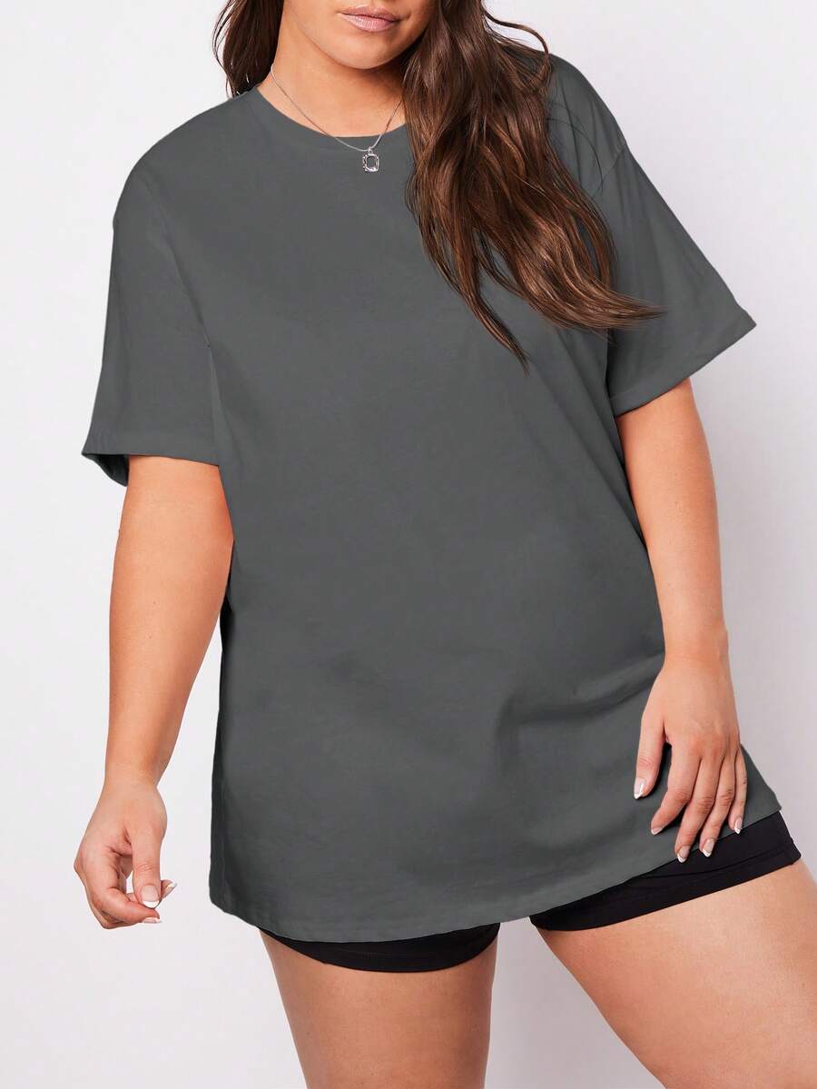 SHEIN BASICS 大码圆领短袖落肩纯色T恤