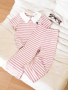 SHEIN Elladie kids Conjunto de 2 piezas para niñas pequeñas Casuvi: Polo de manga corta a rayas + Pantalones de pierna ancha de punto, estilo casual retro americano, adecuado para uso diario en primavera/verano - Rosa - Ver 3