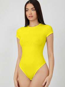 SHEIN BASICS 1pc Solid Round Neck Short Sleeve Tee Bodysuit Bodysuits For Ladies Plain Bodysuit Summer Clothes - Pale Yellow - View 7