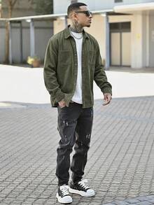 Devon Thys Lightweight Corduroy Polyester Men's Casual Shirt Jacket, Turndown Collar Button Long Sleeve Cardigan With Dual Pockets, Suitable For Daily Casual, Fashion, Commuting, Comfortable Home And Street Wear, Thin Long Sleeve Shirt - Army Green - View 5