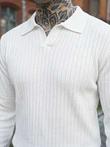 Artur Kramer ALTZTAR 男士宽松修身长袖条纹针织 Polo 衫，简约时尚，适合春秋季日常通勤穿着。 - 白色 - 查看 3