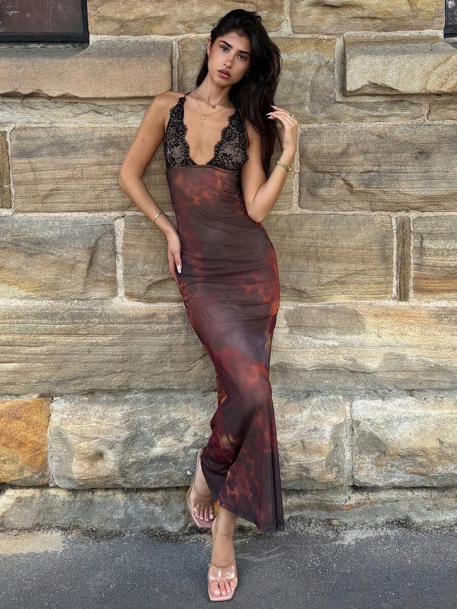 AmyJordy Vestido ajustado de malla de punto con cuello en V y espalda descubierta para mujer - Burdeos - Ver 1