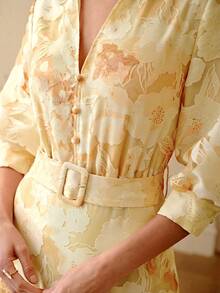 ZEYLAH Gaun Panjang Berkerah dengan Pinggang Ramping Jacquard, Elegan untuk Musim Semi/Panas - Kuning - View 2