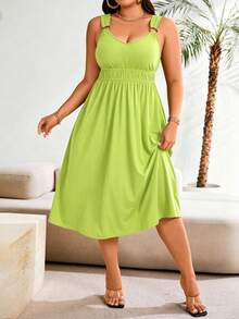 SHEIN Clasi Plus Size Solid Color Pleated Casual Summer Dress Maxi Women Outfit - Limelight Green - View 1