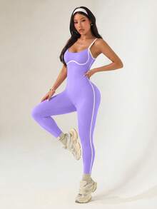 Sovereign Charm Women's Summer Contrast Trim Tight Elastic Spaghetti Strap Jumpsuit - Lilac Purple - View 6