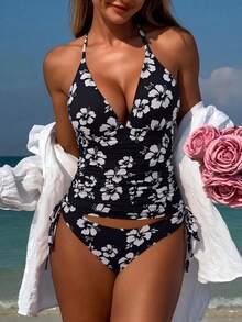 Swim Mod Bikini de dos piezas con estampado floral tropical, casual para vacaciones - Multicolor 6 - Ver 3