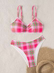 Swim Mod Conjunto de bikini de mujer con tirantes de espagueti, busto fruncido y estampado a cuadros para vacaciones de verano en la playa - Multicolor - Ver 4