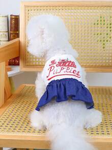 1pc Cat/Dog Universal Clothing, Embroidered Letter Pet Dress With Traction Ring, Blue And White Color Blocked Small Dog Casual Skirt - White - View 5