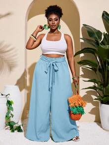 SHEIN Slayr Plus Size Women Casual & Vacation & Minimalist & Colorful Textured Striped Green Straight Leg Pants - Baby Blue - View 4
