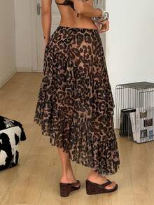 Coolane Trang phục đi xem hòa nhạc mùa hè dành cho nữ, phong cách đường phố, gợi cảm, phong cách Y2K, trang phục đi biển, trang phục nghỉ mát, họa tiết da báo, chất liệu lưới thoáng khí, thoải mái, co giãn, màu nâu, váy maxi xếp tầng bồng bềnh. - màu nâu - Xem 5