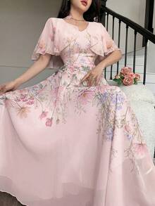 Modelyn 女士V领披肩式设计收腰喇叭形印花雪纺连衣裙 - 淺粉色 - 查看 3