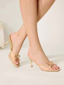 CUCCOO CHICEST Damen Mode Quadratische Zehenkappe Klassische Mesh Schleife Sexy Abend Party Stil Einfache Rückseite Stiletto High Heel Sandalen - Gold - Übersicht 6