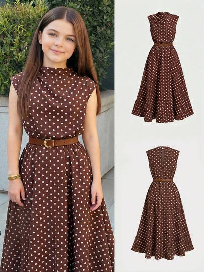 Firerie Kids Firerie Kids Vestido sin mangas de color caqui sólido y elegante, adecuado para ir al trabajo y la temporada de regreso a la escuela