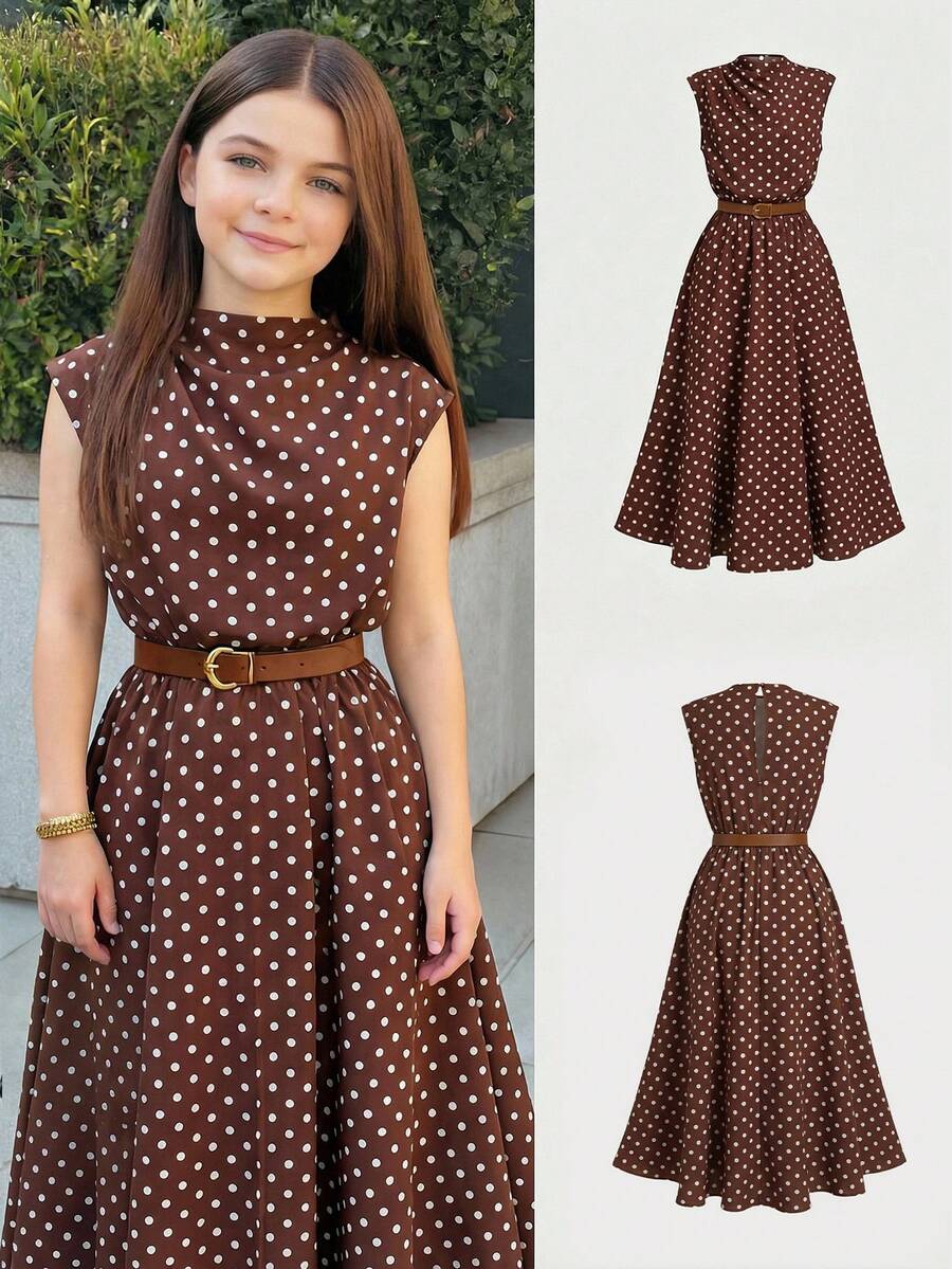 Firerie Kids Firerie Kids 优雅的卡其色纯色无袖连衣裙，适合通勤和返校季穿着。 - 棕色 - 查看 1