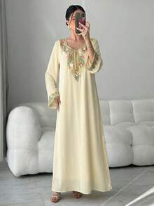 Yasmyna Áo tunic thêu sequin thanh lịch dành cho nữ và váy dài truyền thống Ả Rập. - Màu be - Xem 2