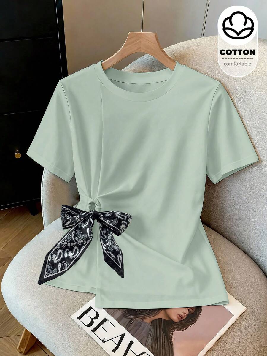 Franclia Women's Casual Tie-Front Cashew Print Short Sleeve T-Shirt - Green - View 1