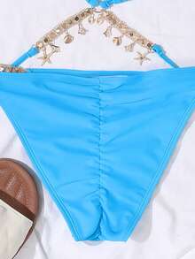 SHEIN Swim Summer Beach Chain Linked Halter Triangle Tie Side Bikini Set - Mint Blue - View 5