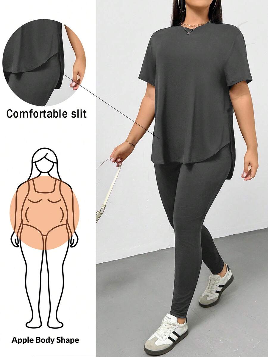 Shapeblank Plus Size Women's Spring And Summer Fashion Casual Sports Comfortable Basic Versatile Slimming Daily Black Short-Sleeved T-Shirt And Leggings Two Pieces Set,Pants Set,Street Wear,Airport Outfits,Summer Outfits For Women,Going Out Outfits,Y2k Clothes,Minimalist Style,Church Clothes For Women - Dark Grey - View 1