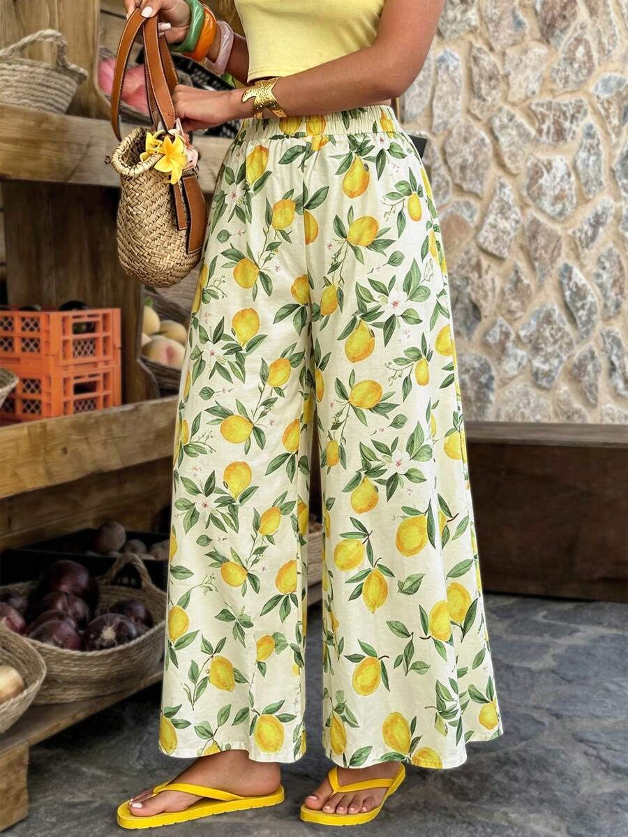 Cévolie 柠檬印花阔腿裤 - 彩色 - 查看 1