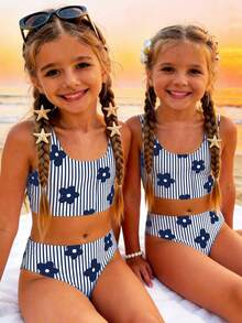 SHEIN Bộ bikini kẻ sọc và họa tiết hoa cho bé gái, thích hợp cho kỳ nghỉ hè ở bãi biển. - Nhiều màu - Xem 1