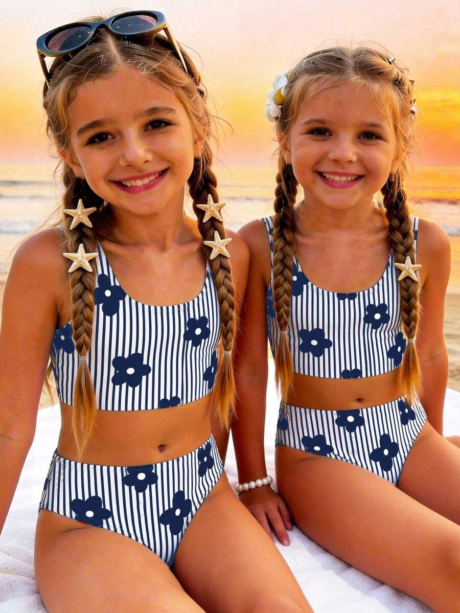 SHEIN Bộ bikini kẻ sọc và họa tiết hoa cho bé gái, thích hợp cho kỳ nghỉ hè ở bãi biển. - Nhiều màu - Xem 1