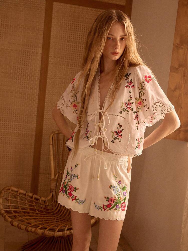 MOTF STUDIO WOMEN'S LINEN EMBROIDERED TIE-UP VACATION SHIRT, SPRING/SUMMER