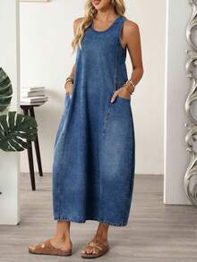 EMERY ROSE Plus Size Women Autumn Casual Vacation Style Patchwork Pocket Sleeveless Loose Denim Dress Formal Vacation Blue - Dark Wash - View 5