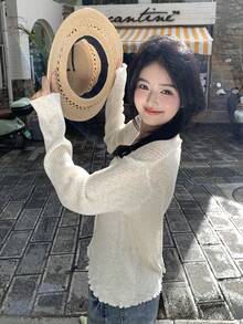 DAZY 女款純色V領長袖休閒度假輕量開襟衫，適合夏季校園可愛上衣 - 白色 - 查看 4