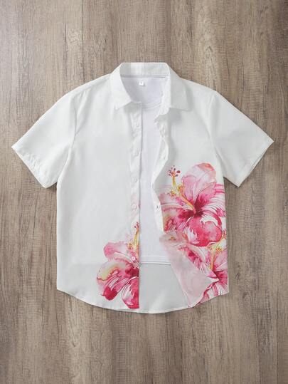 Manfinity Joysei Men's Floral Print Single Breasted Casual Short Sleeve Shirt, Summer