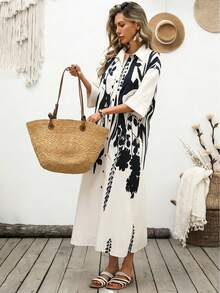 Breezaya Women's Elegant Sexy Casual Vacation Style Turndown Collar Dropped Shoulder Loose Long Floral Print White Shirt Dress Golf Summer - Apricot - View 5