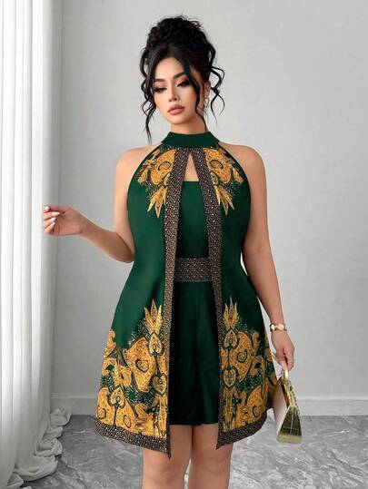 Elenzga Plus Size Women's Summer New Black & Gold Batik Print Fashionable Slimming Retro Halter Jumpsuit. Suitable For: Southeast Asian Themed Travel Outfits, Parties/Gatherings, Vacation & Leisure, Cultural Performances/Stage Shows, Specialty Restaurants/Folk Custom Checkpoints