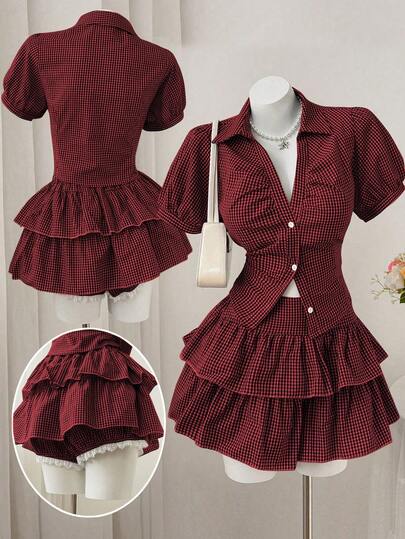 Sweetra Conjunto de 2 piezas de talla grande con camisa de manga corta a cuadros y shorts con volantes, casual y cómodo para primavera/verano
