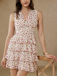 BELROSIE Red And White Summer Cottage Core Romantic Date Night Vacation Polka Dot Floral Print Chiffon Deep V-Neck Sleeveless High Waist Ruffle Hem Cake Dress - Multicolor - View 3