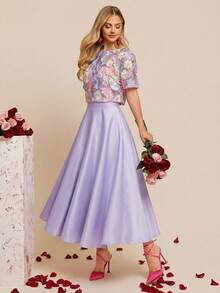 SHEIN Amorya Women's Spring/Summer New Elegant High-End Embroidered Blouse & A-Line Skirt 2-Piece Set - Mauve Purple - View 5