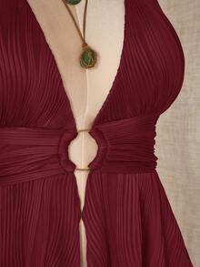 SHEIN ICON Plus Size Y2K Style Hollow Out Asymmetrical Hem Babydoll Halter Neck Knit Camisole - Burgundy - View 5