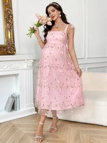 SHEIN 优雅孕妇花卉刺绣连衣裙 - 粉色 - 查看 5