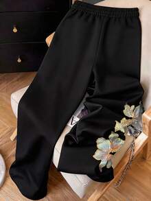 Resyla Pantalon décontracté pour femmes de couleur unie avec taille élastique et poches en biais - Noir - Voir 2