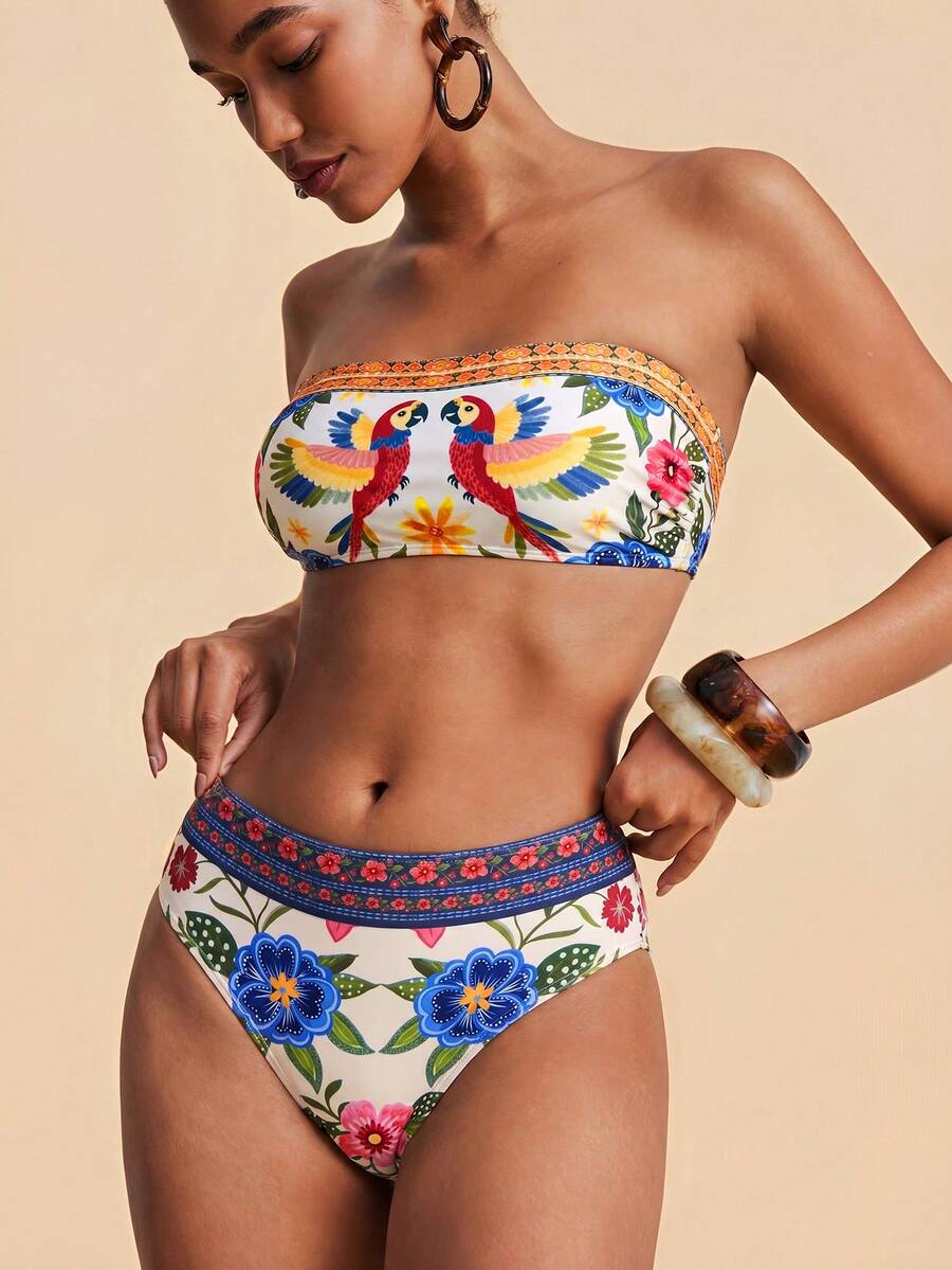 Travachic Women Floral Print Bandeau Bikini Set,Summer Outfits For Women,Swimsuits For Woman,Bathing Suits For Women - Multicolor - View 1