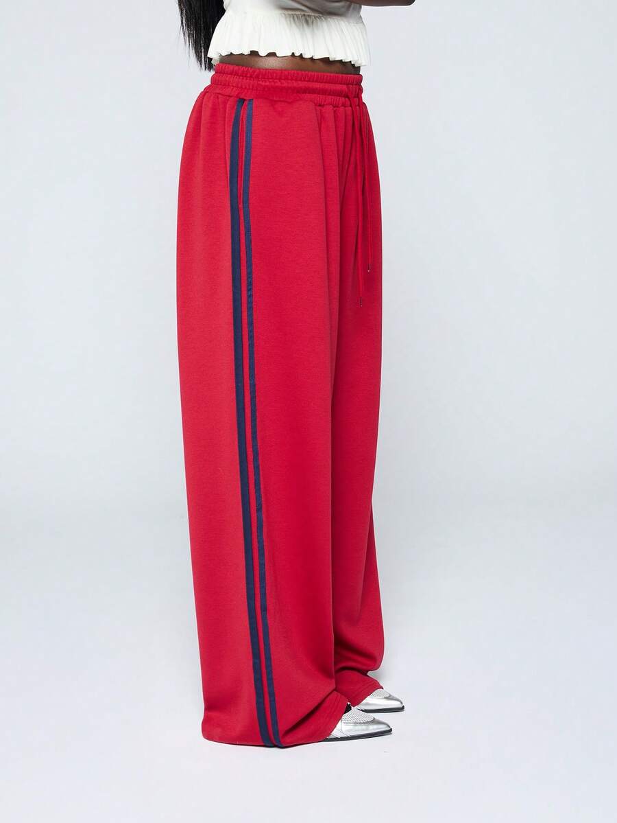 COUREZ Low Rise Oversized Side Stripe Joggers /Y2K Summer Clothes For Women Summer Outfits For Women Sweatpants Women Summer Bottoms Red - Red - View 1