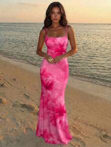 Aloruh Vestido de mujer elegante con estampado floral y espalda descubierta - Rosa - Ver 2
