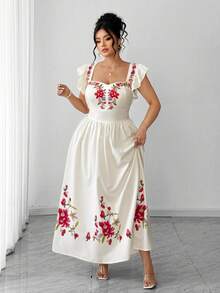 Elenzga Plus Size White,Summer,Elegant,Wedding Ninang Square Neck Ruffle Sleeve Embroidery Print Fit&Flare Maxi Dress,Apricot Floral Sweet Vacation For Women - Apricot - View 4