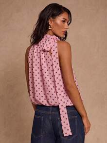 SHEIN Glamour 女士波点印花扭结前襟无袖休闲衬衫，夏季 - 粉色 - 查看 2