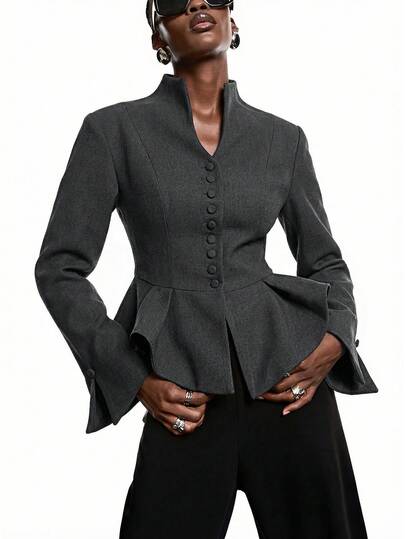 LYSMO 2026 New Minimalist Spring/Summer Women's Elegant Dark Gray Fitted Waist Blazer, Ladies' Business Shirt, Suitable For Work, Can Be Worn As Blazer, Shirt, Work Uniform/Business Casual/Office Attire