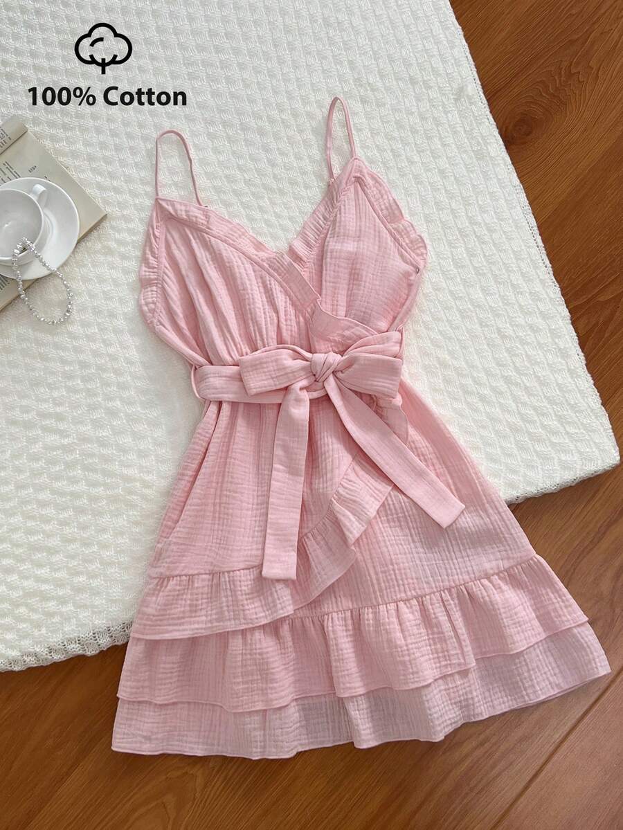 Elamini Đầm nữ màu trơn dáng suông, có bèo nhún, thích hợp mặc mùa hè. - Hồng - Xem 1